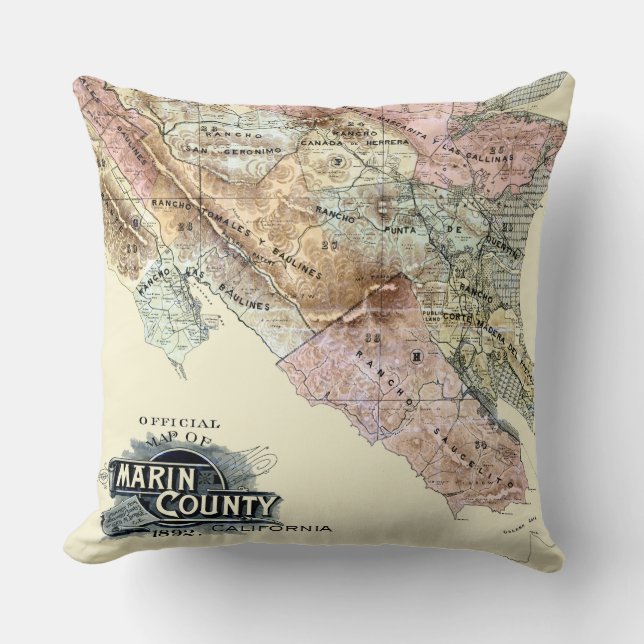 Vintage 1890 Map of Marin County Cushion (Front)