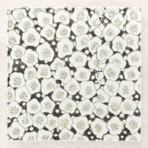 Vintage 1902 Japanese Floral: Black White Blossom Glass Coaster