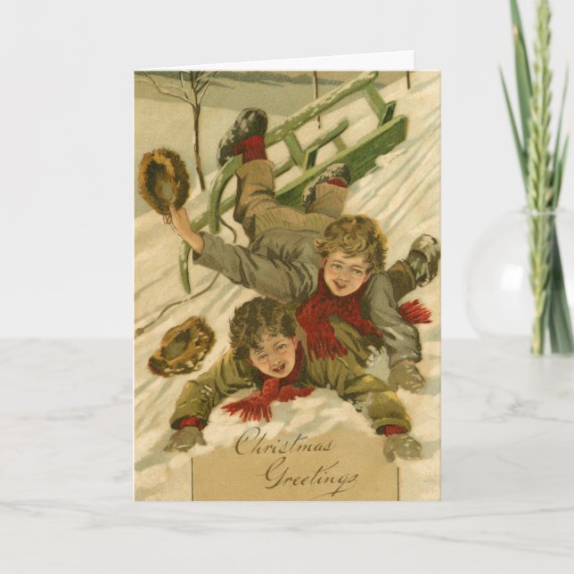 Vintage 1906 Boys Sledding in Snow Christmas Card (Front)