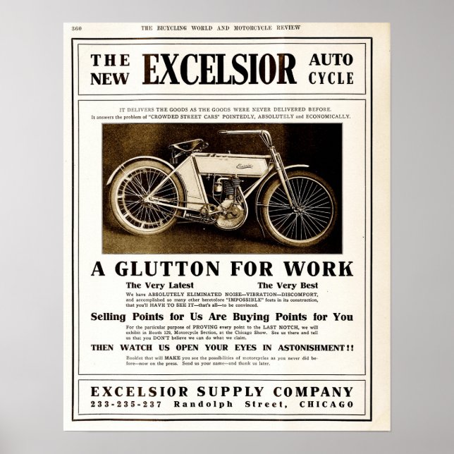 Vintage 1907 Excelsior motorycles advertising Poster (Front)