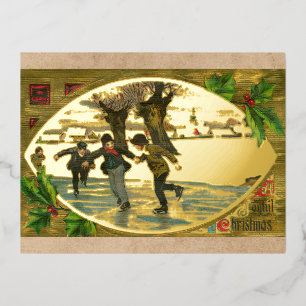 Vintage 1909 Boys Ice Skating Gold Christmas Gold Foil Holiday Postcard