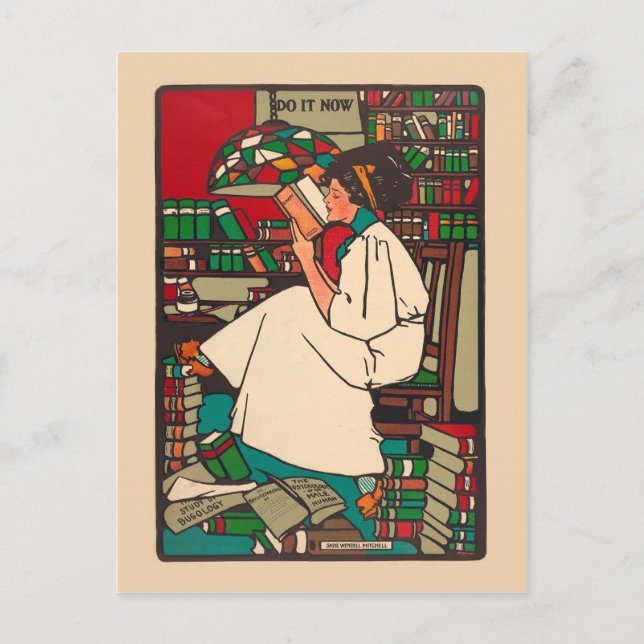 Vintage 1909 woman reading surrounded by books postcard (Front)