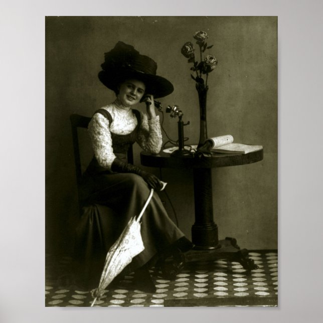 Vintage 1910 Woman on Candlestick Telephone Poster (Front)