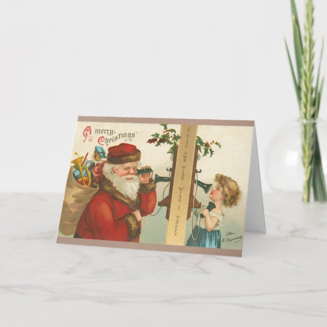 Vintage 1910s Little Girl Calling Santa Christmas Card (Front)