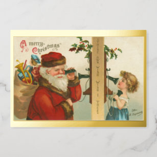 Vintage 1910s Little Girl Calling Santa Christmas Foil Holiday Card