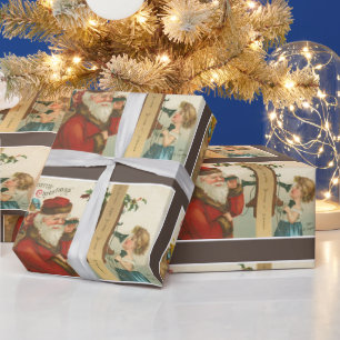 Vintage 1910s Little Girl Calling Santa Christmas Wrapping Paper