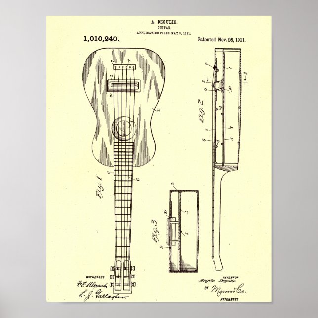 Vintage 1911 Guitar Patent Illustration Poster (Front)