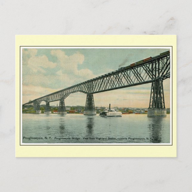 Vintage 1913 Poughkeepsie Bridge, train, boat Postcard (Front)