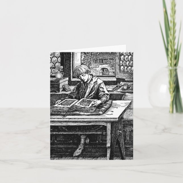 Vintage 1914 Illustration Boy Reading Book Note Card (Front)