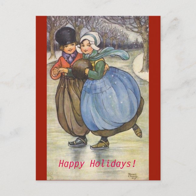 Vintage 1914 Image Dutch Children Skating Postcard (Front)