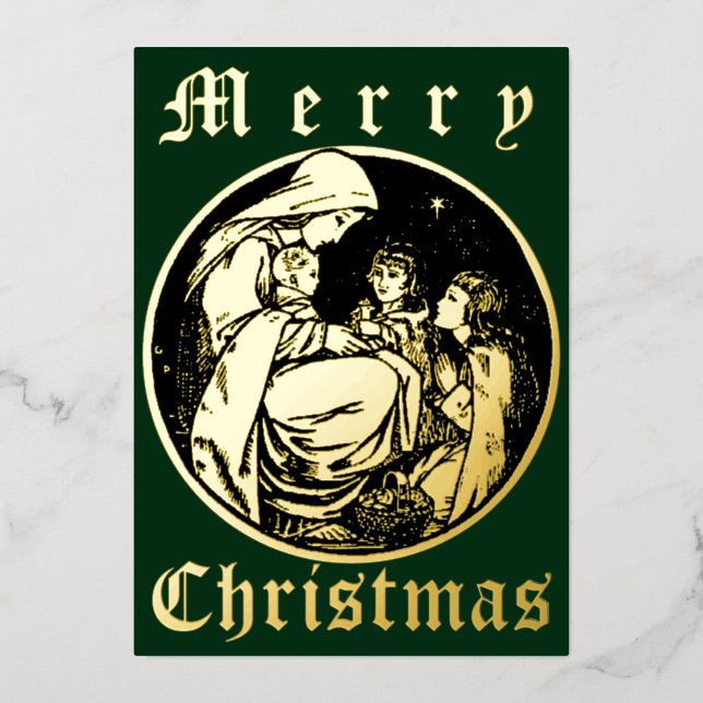 Vintage 1915 Christmas Nativity Foil Holiday Card (Front)