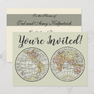 Vintage 1916 World Map Globe Hemispheres Poster Invitation