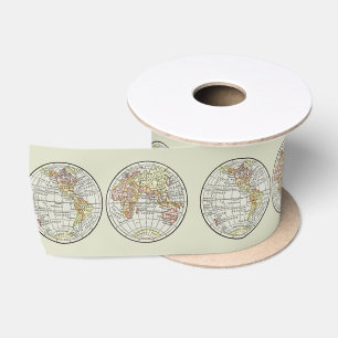 Vintage 1916 World Map Globe Hemispheres Poster Satin Ribbon