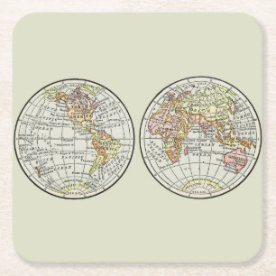 Vintage 1916 World Map Globe Hemispheres Poster Square Paper Coaster