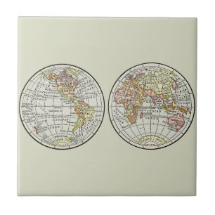 Vintage 1916 World Map Globe Hemispheres Poster Tile