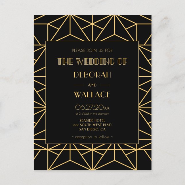 Vintage 1920 art deco geometric wedding invitation postcard (Front)
