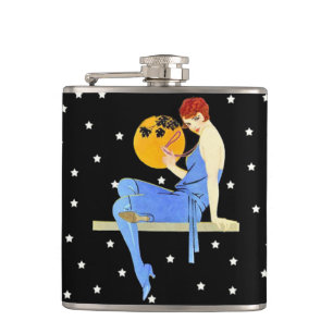 Vintage 1920’s Flapper Lady Moon Stars Red Hair Hip Flask