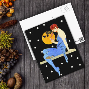 Vintage 1920’s Flapper Lady Moon Stars Red Hair Postcard