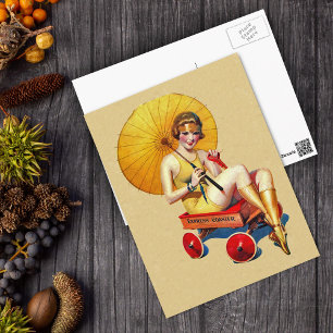 Vintage 1920’s Flapper Lady Umbrella Wagon Bathing Postcard