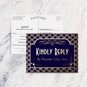 Vintage 1920's Art Deco Gatsby Wedding RSVP Real Foil Invitation Postcard