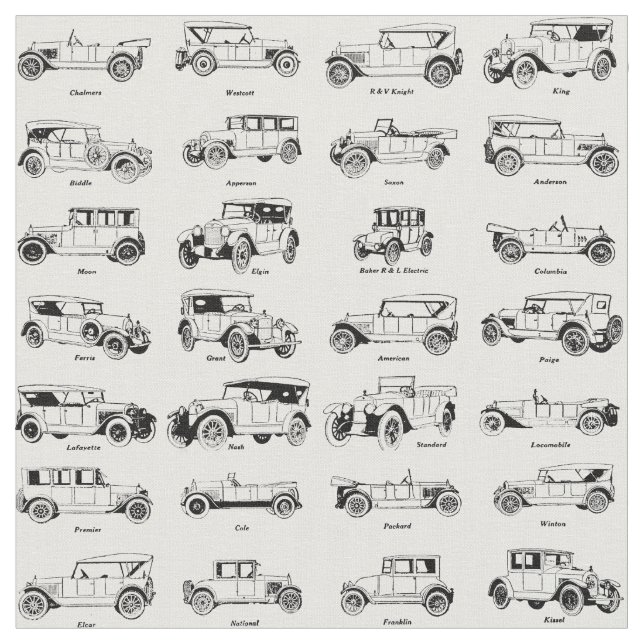 Vintage 1920's Car Automobile Art Pattern Fabric (Close Up)