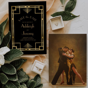 Vintage 1920s Deco Black Gold Photo Wedding Save The Date
