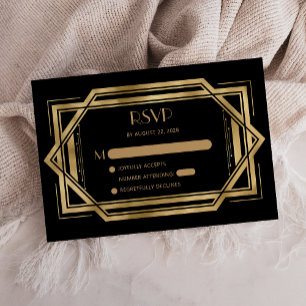 Vintage 1920s Deco Black Gold Wedding RSVP Enclosure Card
