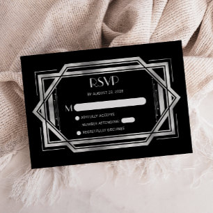 Vintage 1920s Deco Black Silver Wedding RSVP Enclosure Card