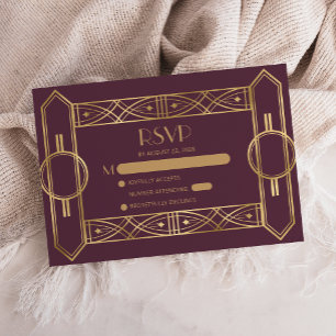 Vintage 1920s Deco Burgundy Gold Wedding RSVP Enclosure Card