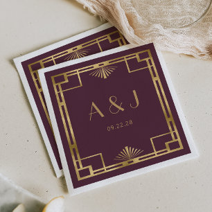 Vintage 1920s Deco Frame Gold Burgundy Wedding Napkin