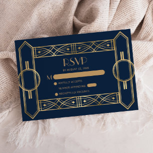 Vintage 1920s Deco Navy Blue Gold Wedding RSVP Enclosure Card