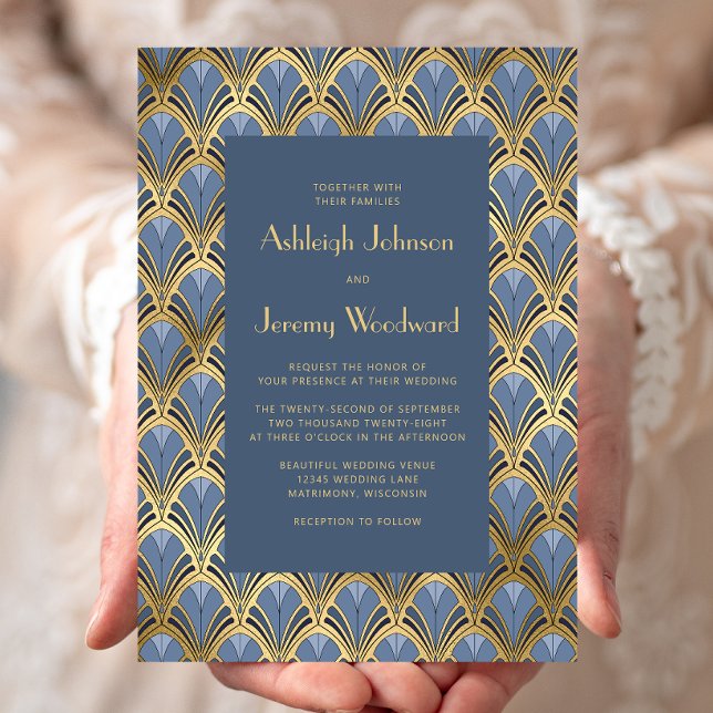 Vintage 1920s Deco Pattern Dusty Blue Gold Wedding Invitation (Creator Uploaded)