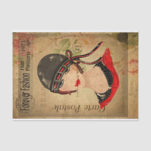 Vintage 1920s Fashion Woman in Hat Floral French Tissue Paper