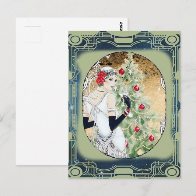 Vintage 1920s Flapper Art Deco Christmas Postcard  (Front/Back)
