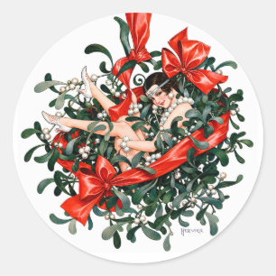 Vintage 1920s Flapper Beneath the Mistletoe Classic Round Sticker