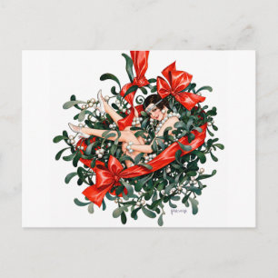 Vintage 1920s Flapper Beneath the Mistletoe Postcard