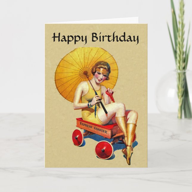 Vintage 1920s Flapper Lady Umbrella Wagon Birthday Card (Front)