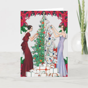 Vintage 1920s Flapper Women Decorating Xmas Tree Holiday Card