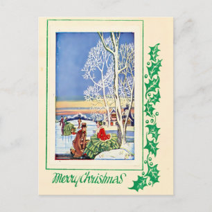 Vintage 1920s Ice Skating & Snow Winter Holiday Postcard