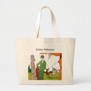 Vintage 1920s Ladies at Polo Match Drawing Large Tote Bag