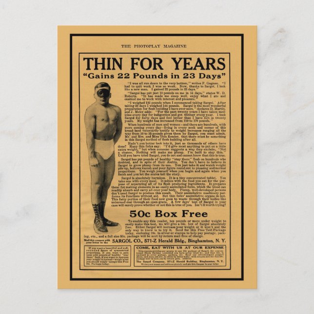 Vintage 1920s weight gain magazine ad postcard (Front)