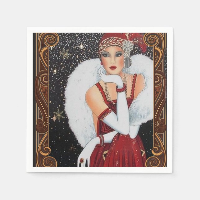 Vintage 1920s Winter Flapper Woman  Napkin (Front)
