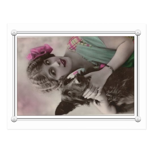 Vintage 1920s woman and dog postcard