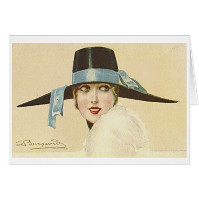 Vintage 1920s Woman in Black Hat, (Front Horizontal)