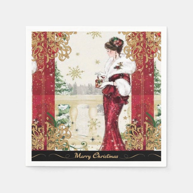 Vintage 1920s Woman in Red Winter Dress Napkin (Front)