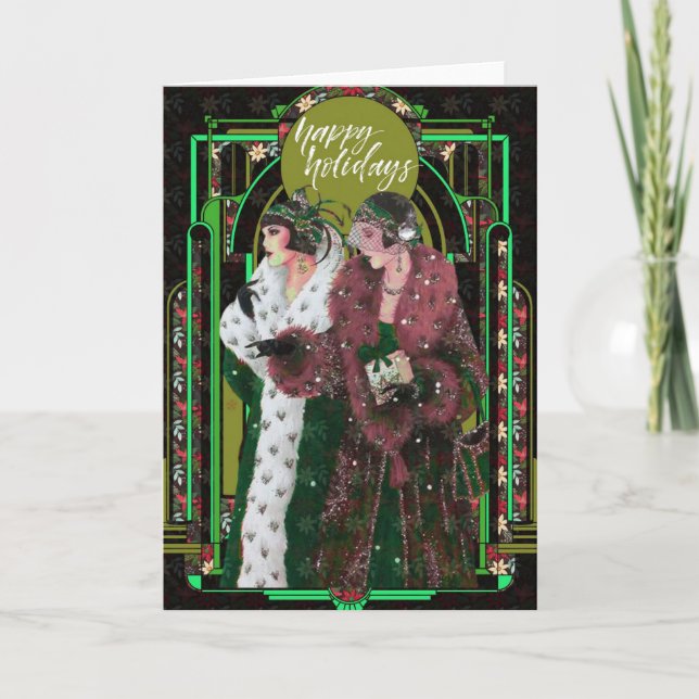 Vintage 1920s Women in Fur Coats Holiday Card (Front)