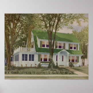 Vintage 1927 House Design Print Green White