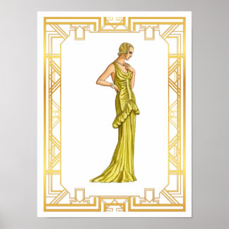 Vintage 1930s Fashion Gold Hollywood Gown Art Poster