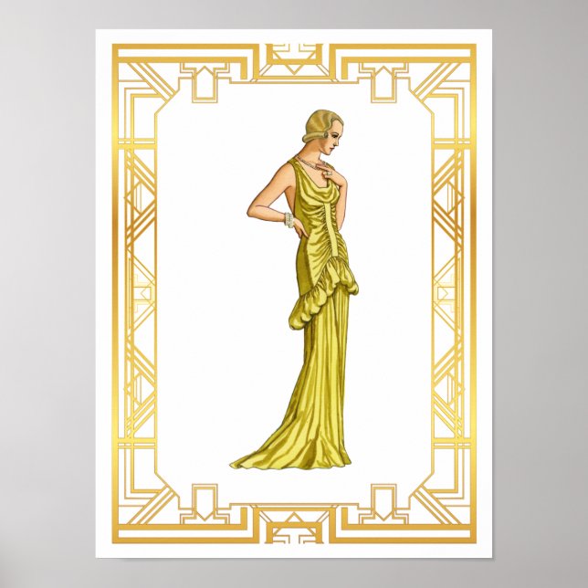 Vintage 1930s Fashion Gold Hollywood Gown Art Poster (Front)
