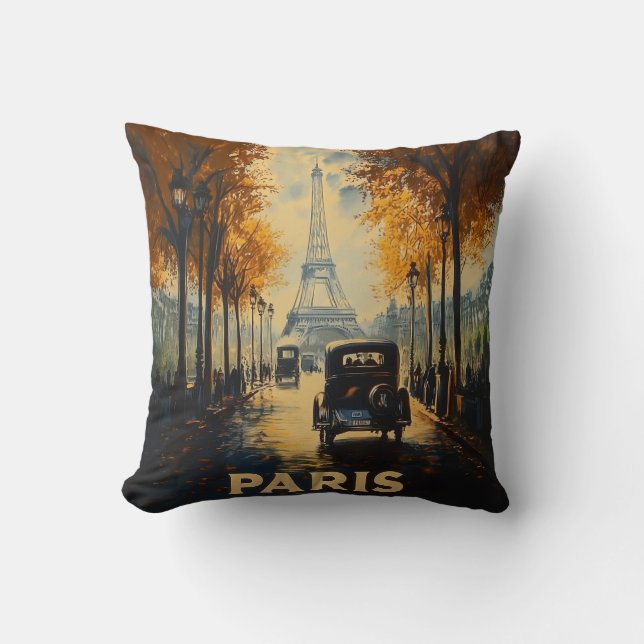 Vintage 1930s Paris Travel Poster Eiffel Tower Cushion (Front)